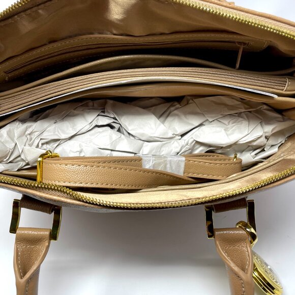 Joy & Iman Beige Pebble Split Leather Large Satchel Crossbody Handbag w/ Watch - Picture 7 of 16